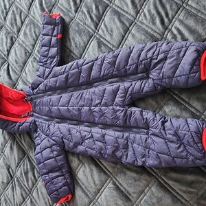 SNOZU Infant Hooded Snowsuit | Baby Bunting Puffer Navy Red Fleece | Sz 3/6 Mo.